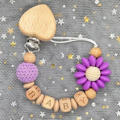 Custom Name Silicone Beads Wooden Ring Pacifier Clips Safe Teething Chains Baby Teether Eco-friendly Dummy Beech Clips Holder