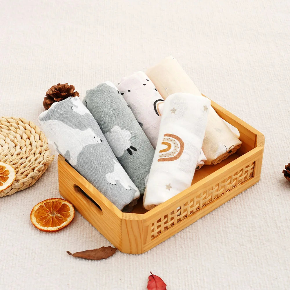 Elinfant 5pcs Gift Set Bamboo Cotton Muslin Bib Burp Cloth 100% Cotton 60*60cm 2 Layers Baby Scarf Handkerchief