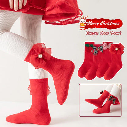 Children's Bow Socks Hristmas Stockings New Baby Stockings Girls Socks Autumn and Winter  Leg Warmers for 2025 Xmas New Year
