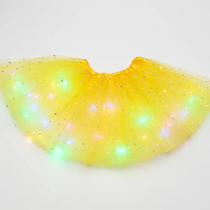 Luminous LED Fluffy Skirt Girls Layered Ballet Dance Pleated Skirt Tulle Light Up Short Dress for Birthday Party Wearing Costume