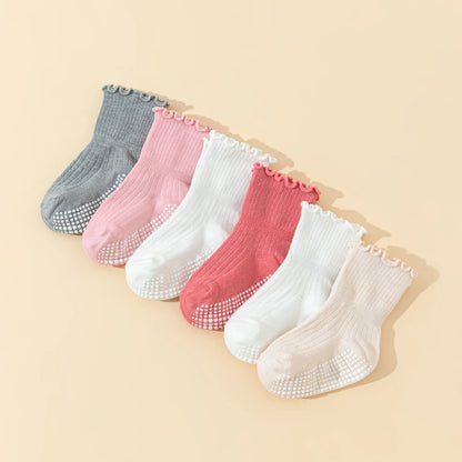 6 pairs  girls' toddler cotton socks with lace - baby anti-slip dot gel socks, cute walking socks with non-slip ruffles design