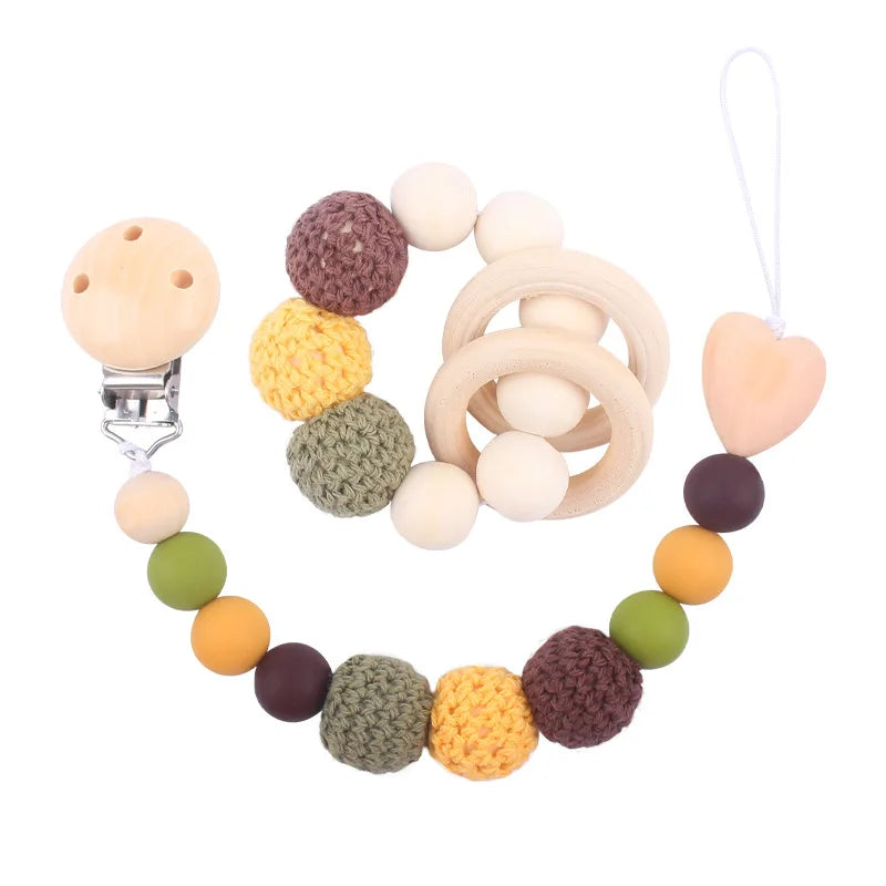 Baby Pacifier Clip Wooden Teethers Bracelet Set Silicone Beads Babies Soothe Nipple Teething Toys Anti-lost Chain Newborn