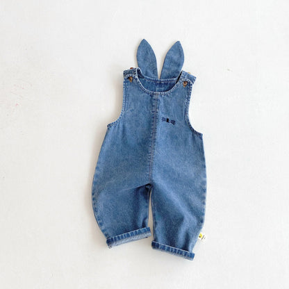 Autumn and winter baby denim overalls with rabbit ears, cute long pants and one-piece pants