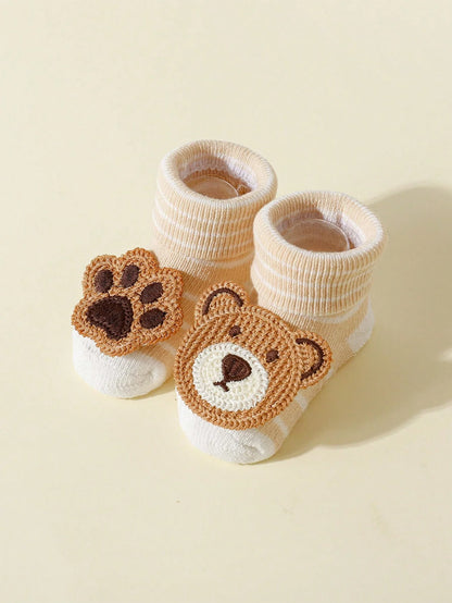 4 Pairs Baby Cute Cartoon Bear Socks, Baby Non-Slip Soft Cotton Socks Ankle Socks for 0-12 Month Newborn Toddler Boys and Girls