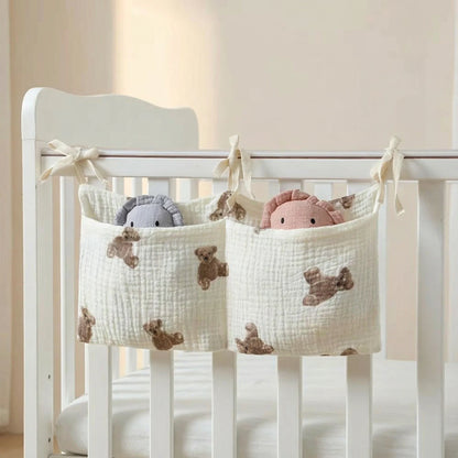 TDHD Baby Crib Hanging Bag, Horizontal Double Pockets, White Printed Soft Fabric, Non-slip Strap, Stores Diapers & Small Items
