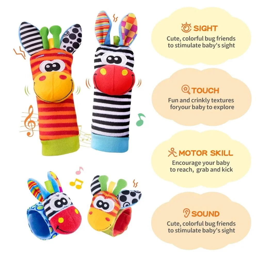 4Pcs Baby Rattles Toys Animal Socks Wrist Strap +Rattle Baby Foot Socks Bug Wrist Strap Toddler Socks Pacifier Toys  0-12 Months