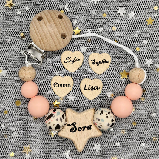 1Pc Personalized Name Custom Wooden Baby Pacifier Chain Clip Silicone Bead Dummy Nipple Holder Baby Teether Pendant Newborn Gift