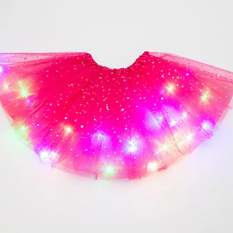 Luminous LED Fluffy Skirt Girls Layered Ballet Dance Pleated Skirt Tulle Light Up Short Dress for Birthday Party Wearing Costume