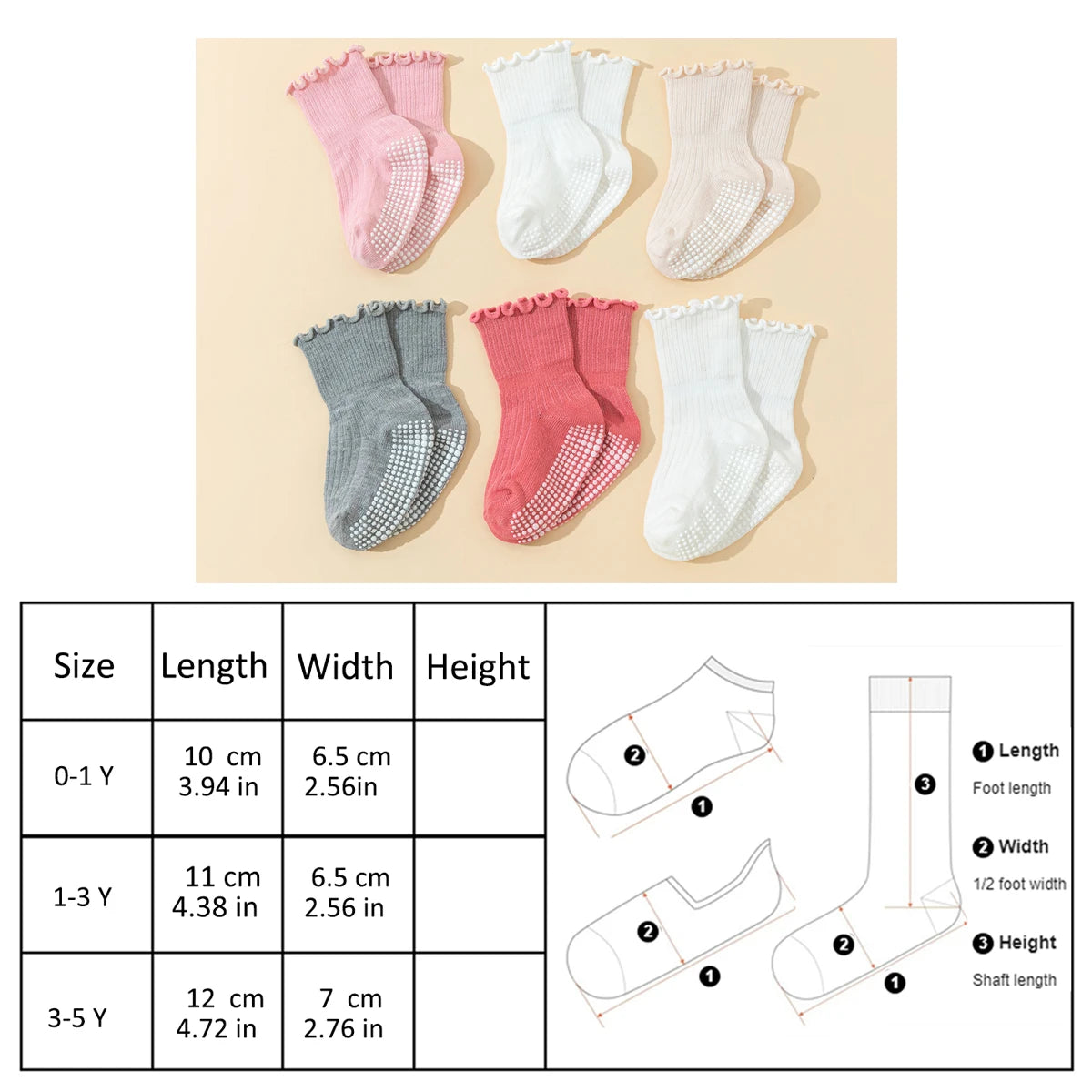 6 pairs  girls' toddler cotton socks with lace - baby anti-slip dot gel socks, cute walking socks with non-slip ruffles design