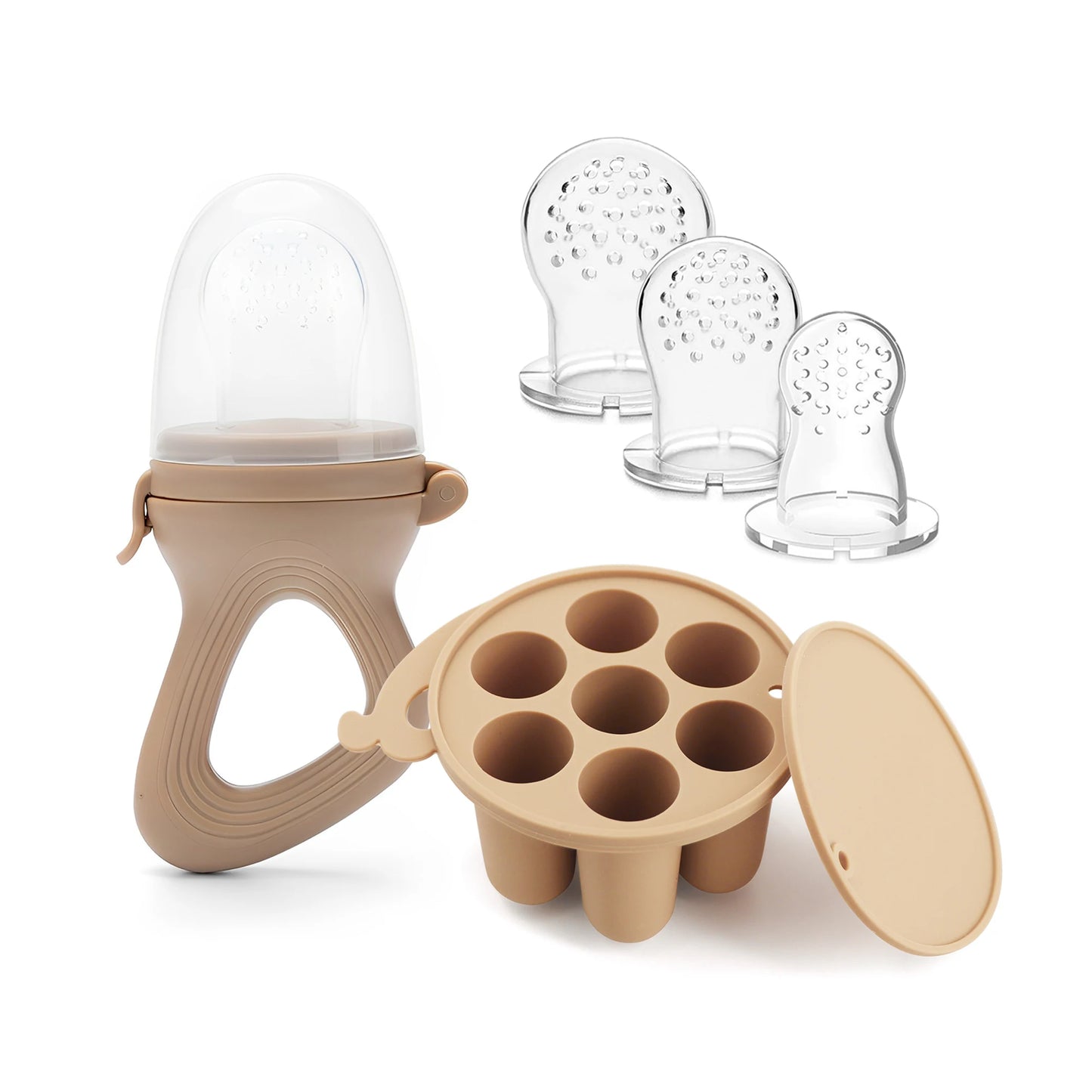 Baby Fruit Feeder Teether Pacifier with Baby Food Freezer Tray Set Silicone Freezable Teether for Fruit Purees Self Feeding