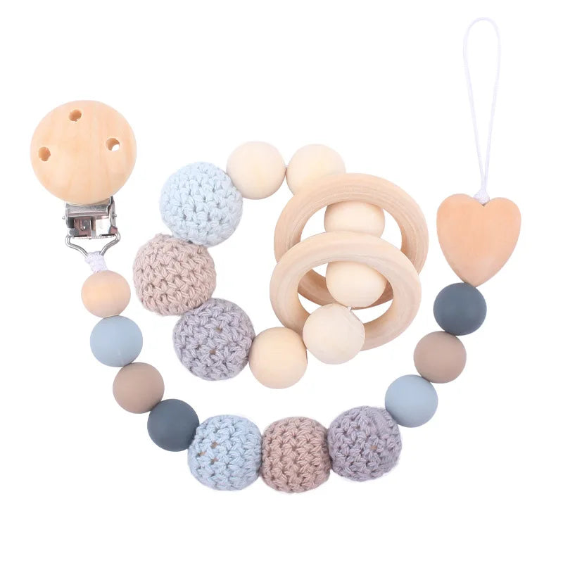 Baby Pacifier Clip Wooden Teethers Bracelet Set Silicone Beads Babies Soothe Nipple Teething Toys Anti-lost Chain Newborn