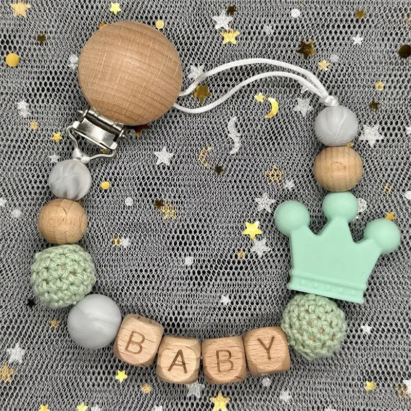Custom Name Silicone Beads Wooden Ring Pacifier Clips Safe Teething Chains Baby Teether Eco-friendly Dummy Beech Clips Holder