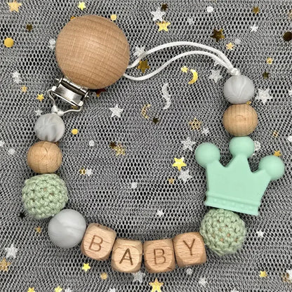 Custom Name Silicone Beads Wooden Ring Pacifier Clips Safe Teething Chains Baby Teether Eco-friendly Dummy Beech Clips Holder