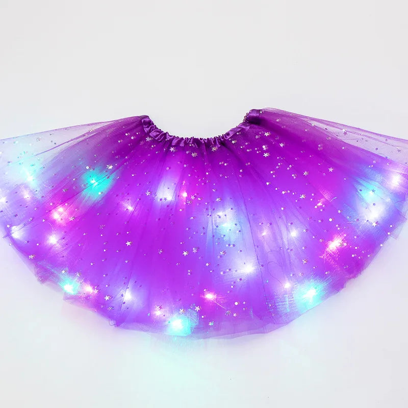 Luminous LED Fluffy Skirt Girls Layered Ballet Dance Pleated Skirt Tulle Light Up Short Dress for Birthday Party Wearing Costume