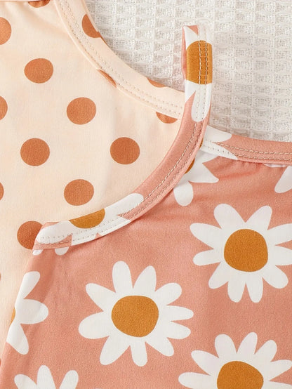 3Pairs/Lot Summer Baby Girl Newborn Baby Sling Onesie 3 Pieces Cute Polka Dot Flower Pattern Cool Breathable Comfortable Onesie
