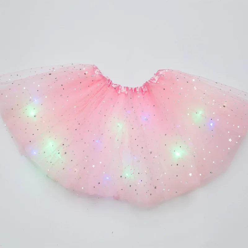Luminous LED Fluffy Skirt Girls Layered Ballet Dance Pleated Skirt Tulle Light Up Short Dress for Birthday Party Wearing Costume