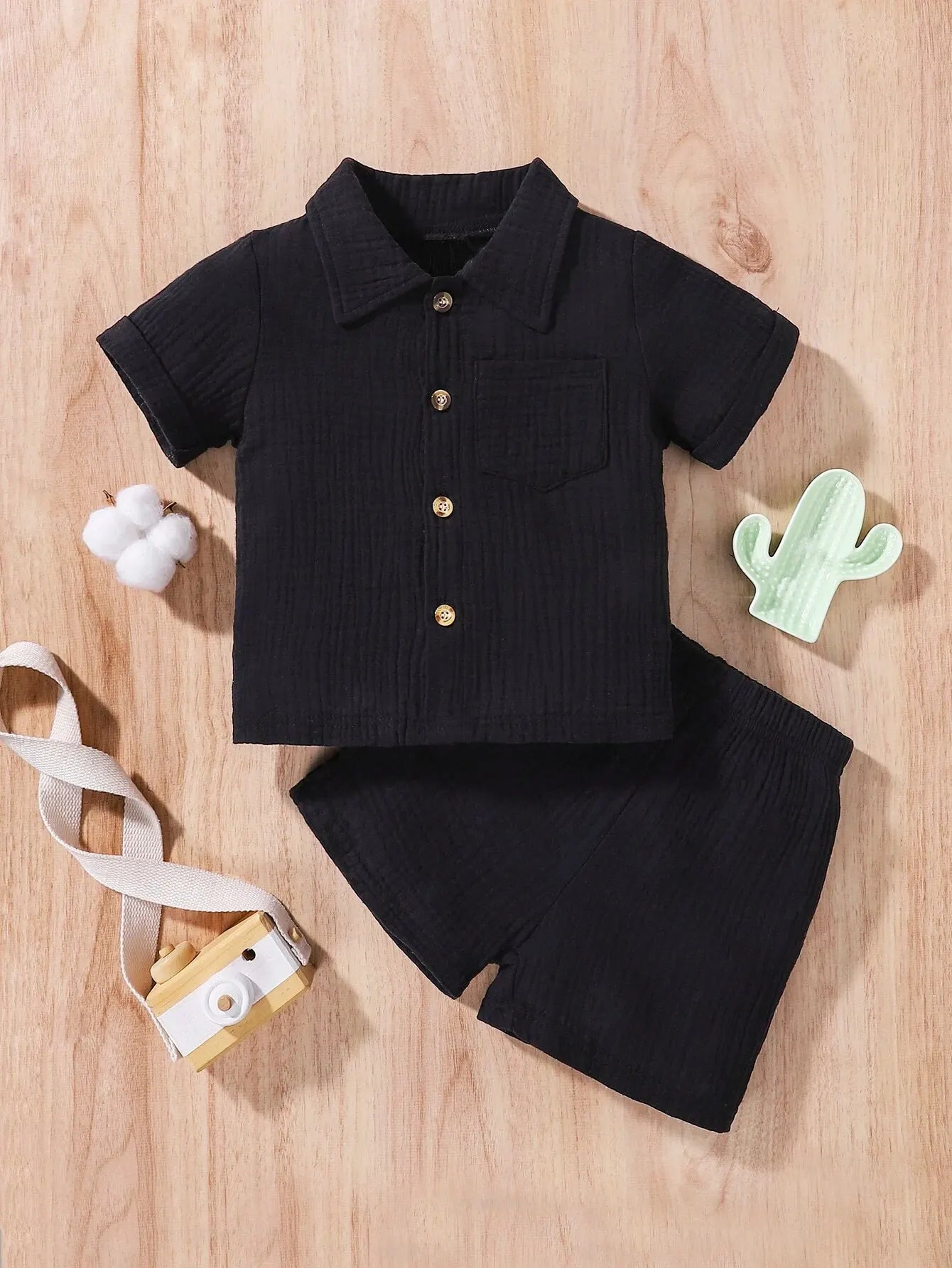 2-Piece Summer Solid Color Casual Shirt for Boys and Girls Fresh and Comfortable Cotton Shorts Set