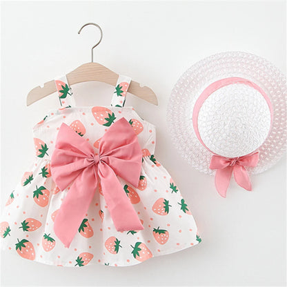 New Summer Baby Girls Dress + Hat Big Bow Ribbon Halter Strawberry Polka Dot Full Print Sweet Princess Dress Birthday Party Team