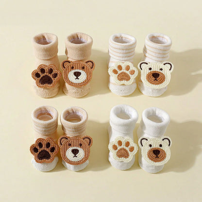 4 Pairs Baby Cute Cartoon Bear Socks, Baby Non-Slip Soft Cotton Socks Ankle Socks for 0-12 Month Newborn Toddler Boys and Girls