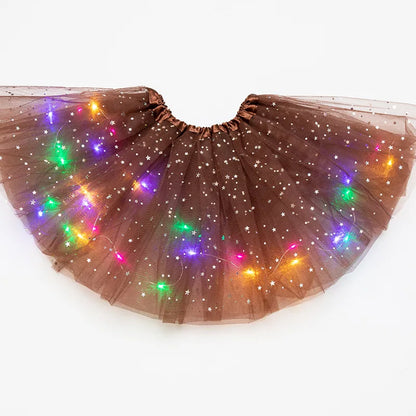 Luminous LED Fluffy Skirt Girls Layered Ballet Dance Pleated Skirt Tulle Light Up Short Dress for Birthday Party Wearing Costume