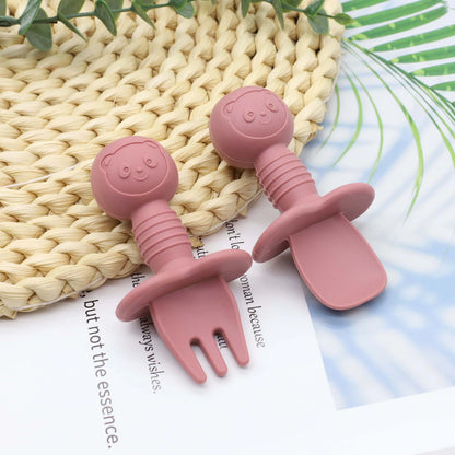 New Little Bear Pattern Baby Food Spoon Fork Short Spoon Fork Easy to Grasp and Clean