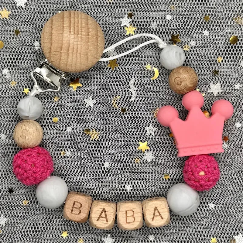 Custom Name Silicone Beads Wooden Ring Pacifier Clips Safe Teething Chains Baby Teether Eco-friendly Dummy Beech Clips Holder