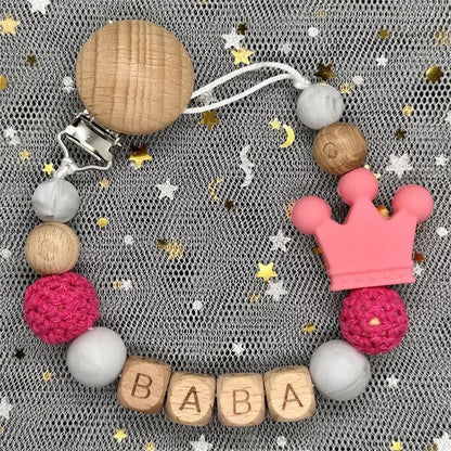 Custom Name Silicone Beads Wooden Ring Pacifier Clips Safe Teething Chains Baby Teether Eco-friendly Dummy Beech Clips Holder