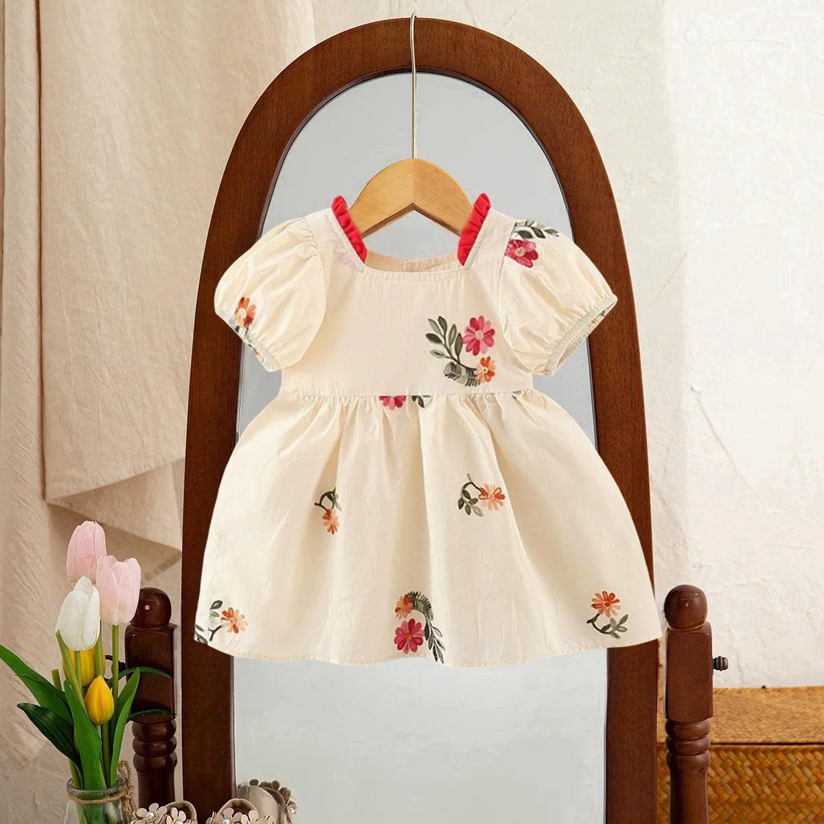 Baby Girl Dresses Summer Floral Embroidery Bubble Sleeve Girls Dresses Cute Girls Princess Dresses Baby Clothes Girl