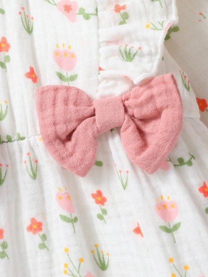 Baby Girl's All Seasons Long Sleeve Print Floral With Bow Daily Jumpsuit For Newborn-6M Clothes +Headband