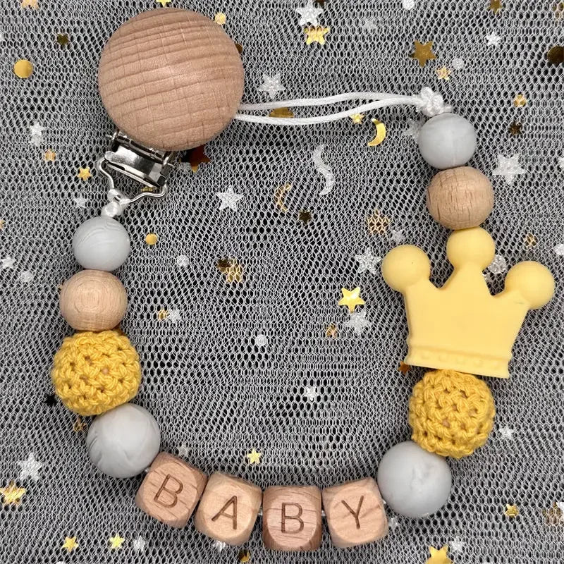 Custom Name Silicone Beads Wooden Ring Pacifier Clips Safe Teething Chains Baby Teether Eco-friendly Dummy Beech Clips Holder