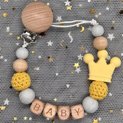Custom Name Silicone Beads Wooden Ring Pacifier Clips Safe Teething Chains Baby Teether Eco-friendly Dummy Beech Clips Holder