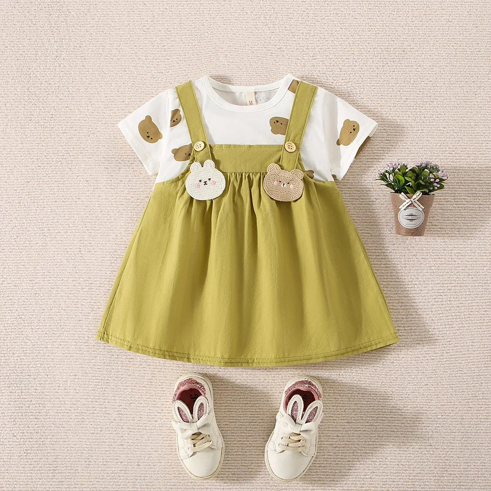 Summer Baby Girl Cotton Teddy Bear Printed Short Sleeved Dress For Girls Fake Two-Piece Strap Dress Cute Dress