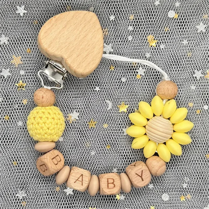Custom Name Silicone Beads Wooden Ring Pacifier Clips Safe Teething Chains Baby Teether Eco-friendly Dummy Beech Clips Holder