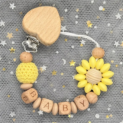 Custom Name Silicone Beads Wooden Ring Pacifier Clips Safe Teething Chains Baby Teether Eco-friendly Dummy Beech Clips Holder