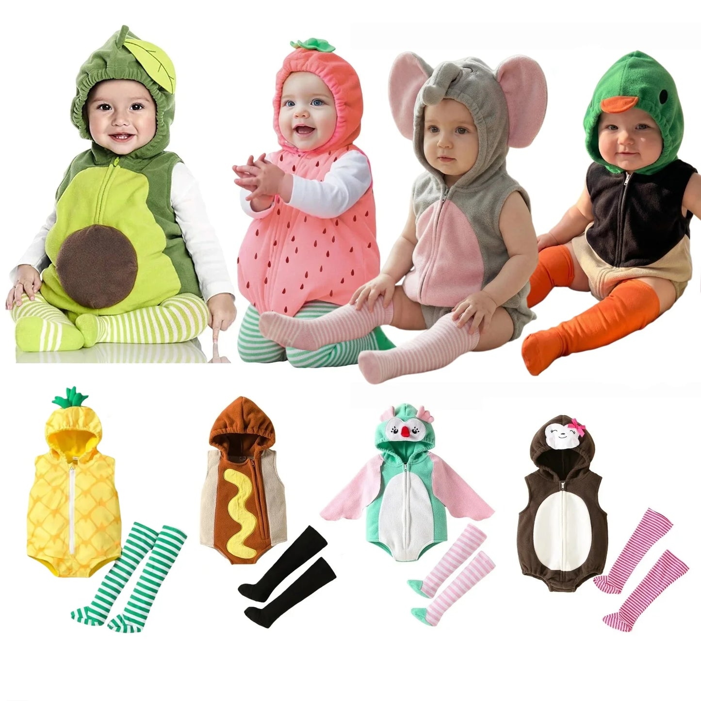 New Designer Cartoon Clothing Zip-up Hooded Romper + Stockings Baby Boy Clothes Baby Girl Casual Sets