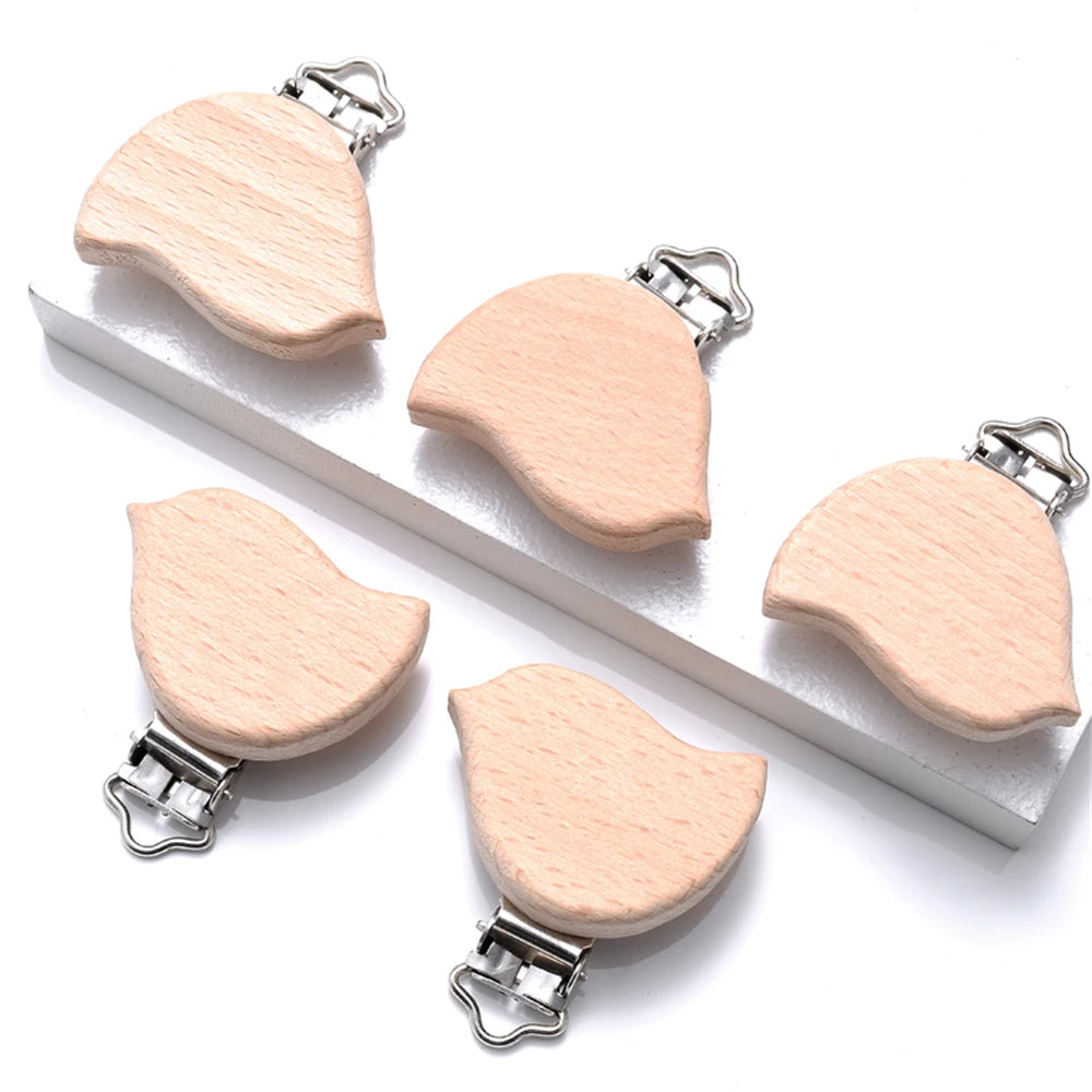 5pcs Woode Pacifier Baby Beech Wooden Animal Pacifier Metal Clips Holder Heart Pacifier Chain Teether Accessories