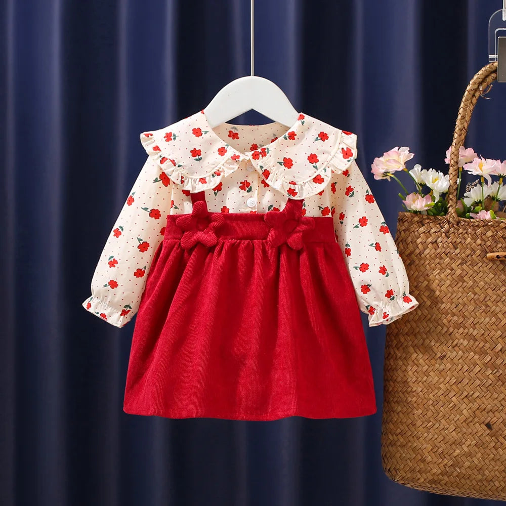 Girls Dresses Spring And Autumn Bow And Flower Pattern Long Sleeve Baby Girl Clothes Cute Birthday Celebration Kids' Dresses