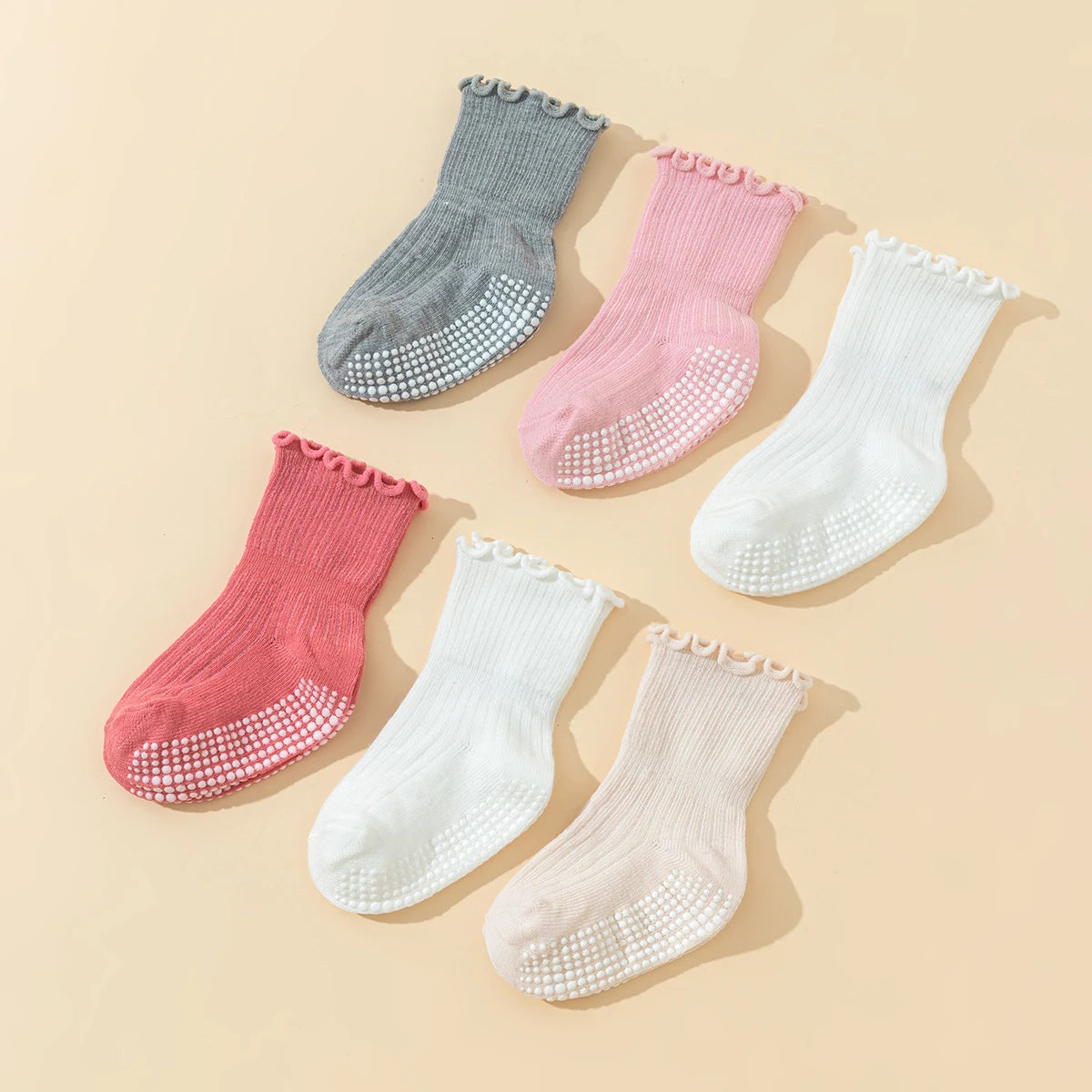 6 pairs  girls' toddler cotton socks with lace - baby anti-slip dot gel socks, cute walking socks with non-slip ruffles design