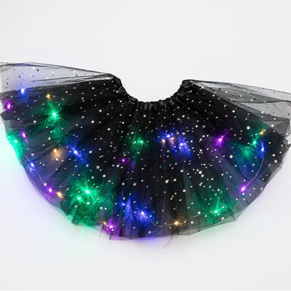 Luminous LED Fluffy Skirt Girls Layered Ballet Dance Pleated Skirt Tulle Light Up Short Dress for Birthday Party Wearing Costume