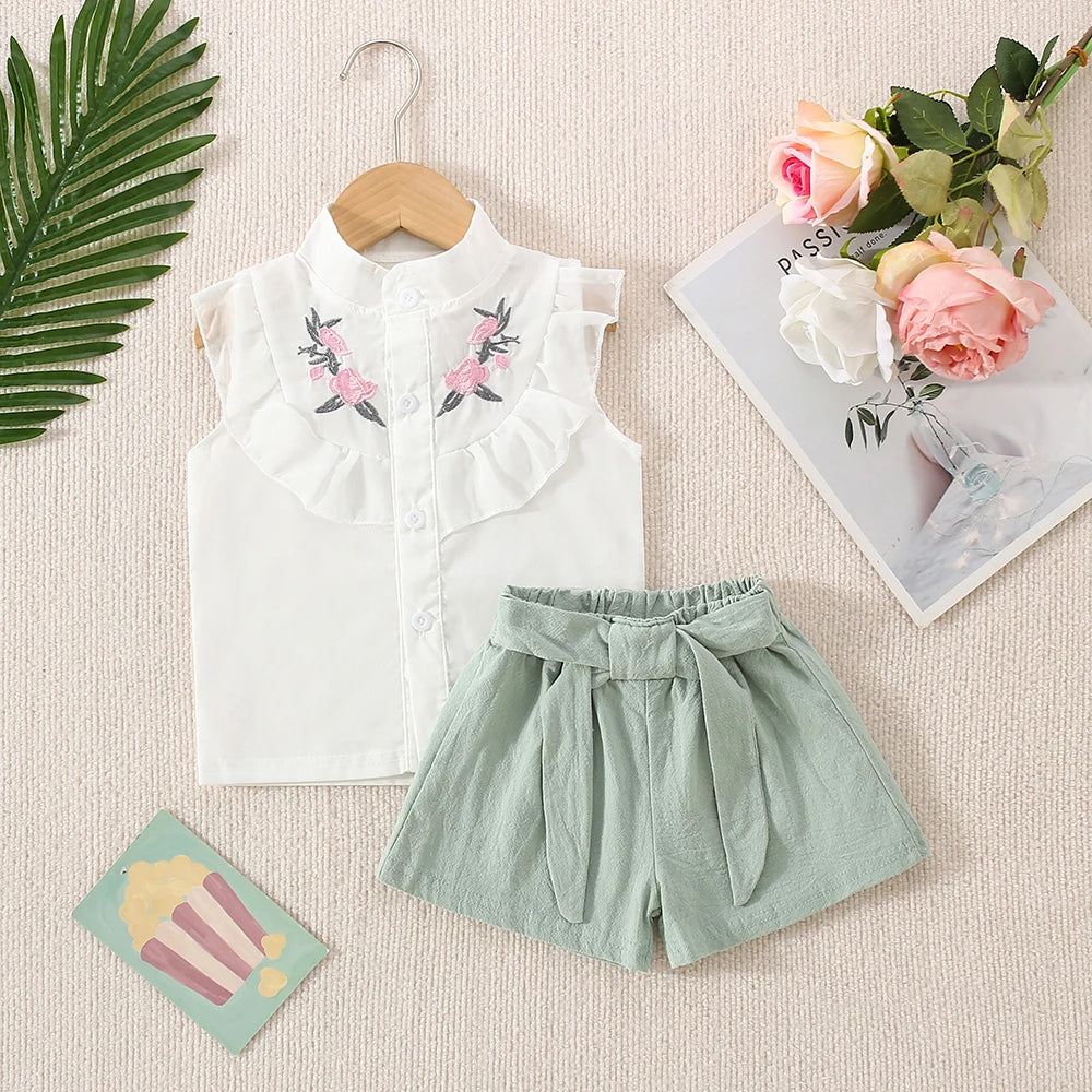 Girl's Summer Thin Sweet And Cute Girl's Little Fresh And Trendy Cool White Shirt Short Sleeved Top Shorts Set