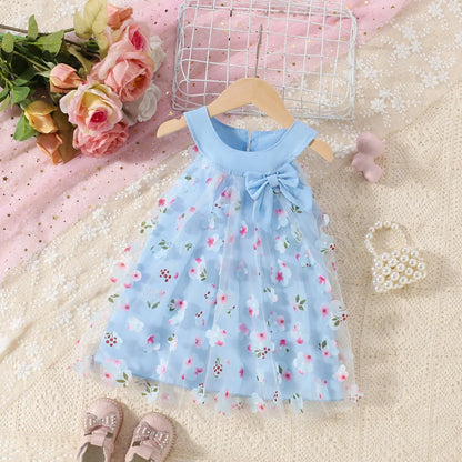 (0-3 Years) New Summer Girls Dress Halter Floral Floral Mesh Bow Round Neck Sweet Princess Dress Birthday Party Party Dress