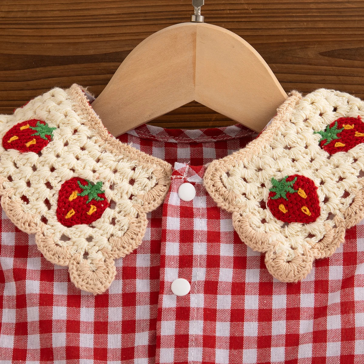 Baby Girl Dress Summer Red Checkered Cotton Girl Dress Cute Strawberry Lapel Girl Beach Dress