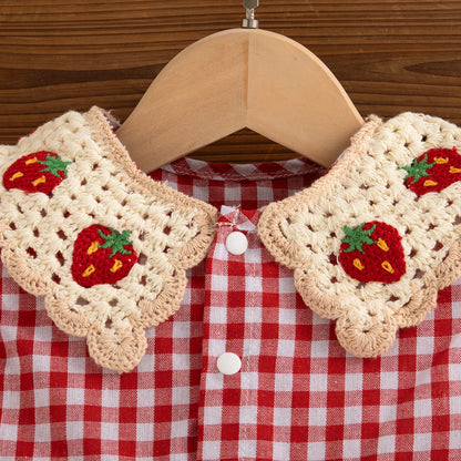 Baby Girl Dress Summer Red Checkered Cotton Girl Dress Cute Strawberry Lapel Girl Beach Dress