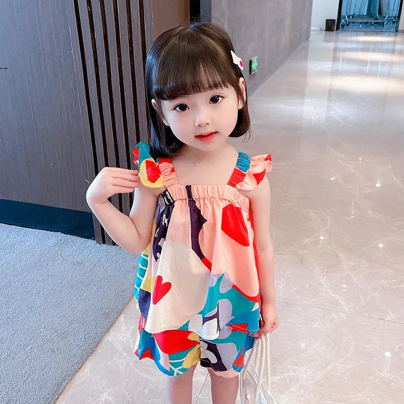 2pc/Set Baby Girl Sets Summer Flower Print Camisole Top Shorts Baby Clothes Girl Cute Girls Beach Set Costume For Baby