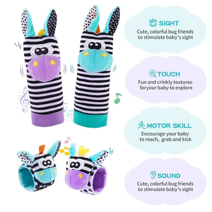 4Pcs Baby Rattles Toys Animal Socks Wrist Strap +Rattle Baby Foot Socks Bug Wrist Strap Toddler Socks Pacifier Toys  0-12 Months