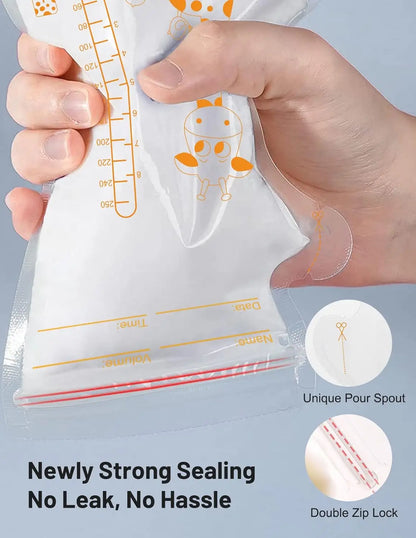 250ml  100pcs Breastmilk Storage Bag Self Standing Baby Food Storage Containers No Leak Milk Freezer Bags Safe Feed BPA Free