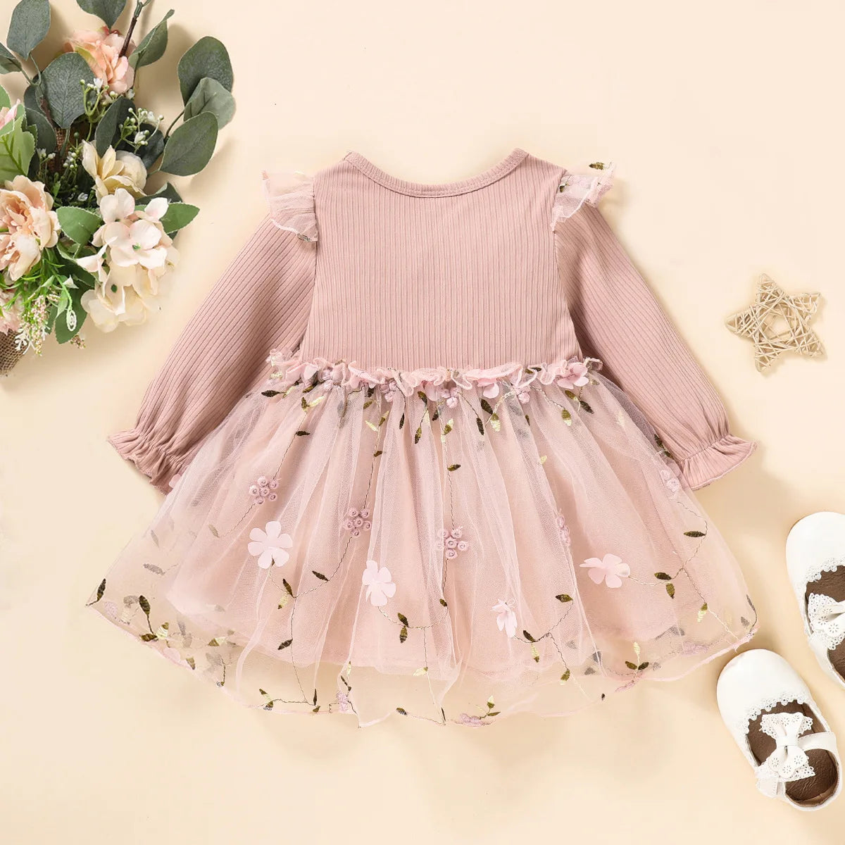 New Single Piece Spring And Autumn Baby Girl Baby Pink Thin Long Sleeved Princess Flower Mesh Dress