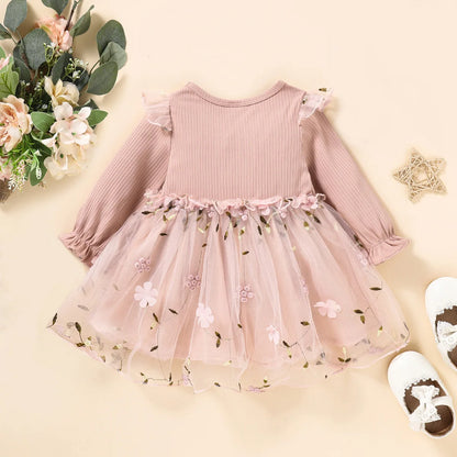 New Single Piece Spring And Autumn Baby Girl Baby Pink Thin Long Sleeved Princess Flower Mesh Dress