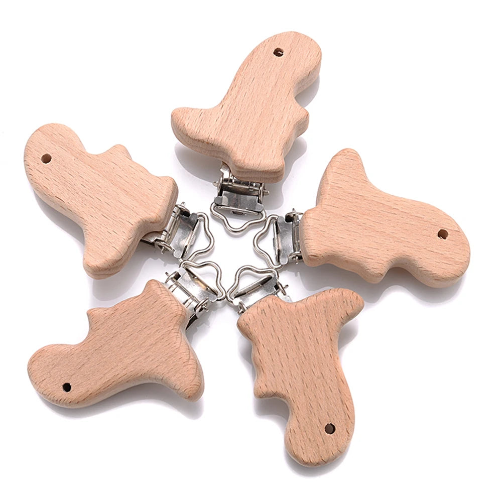 5pcs Woode Pacifier Baby Beech Wooden Animal Pacifier Metal Clips Holder Heart Pacifier Chain Teether Accessories
