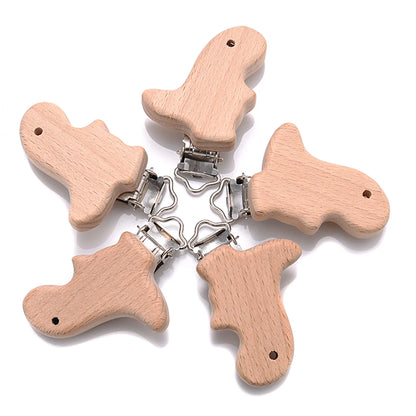 5pcs Woode Pacifier Baby Beech Wooden Animal Pacifier Metal Clips Holder Heart Pacifier Chain Teether Accessories